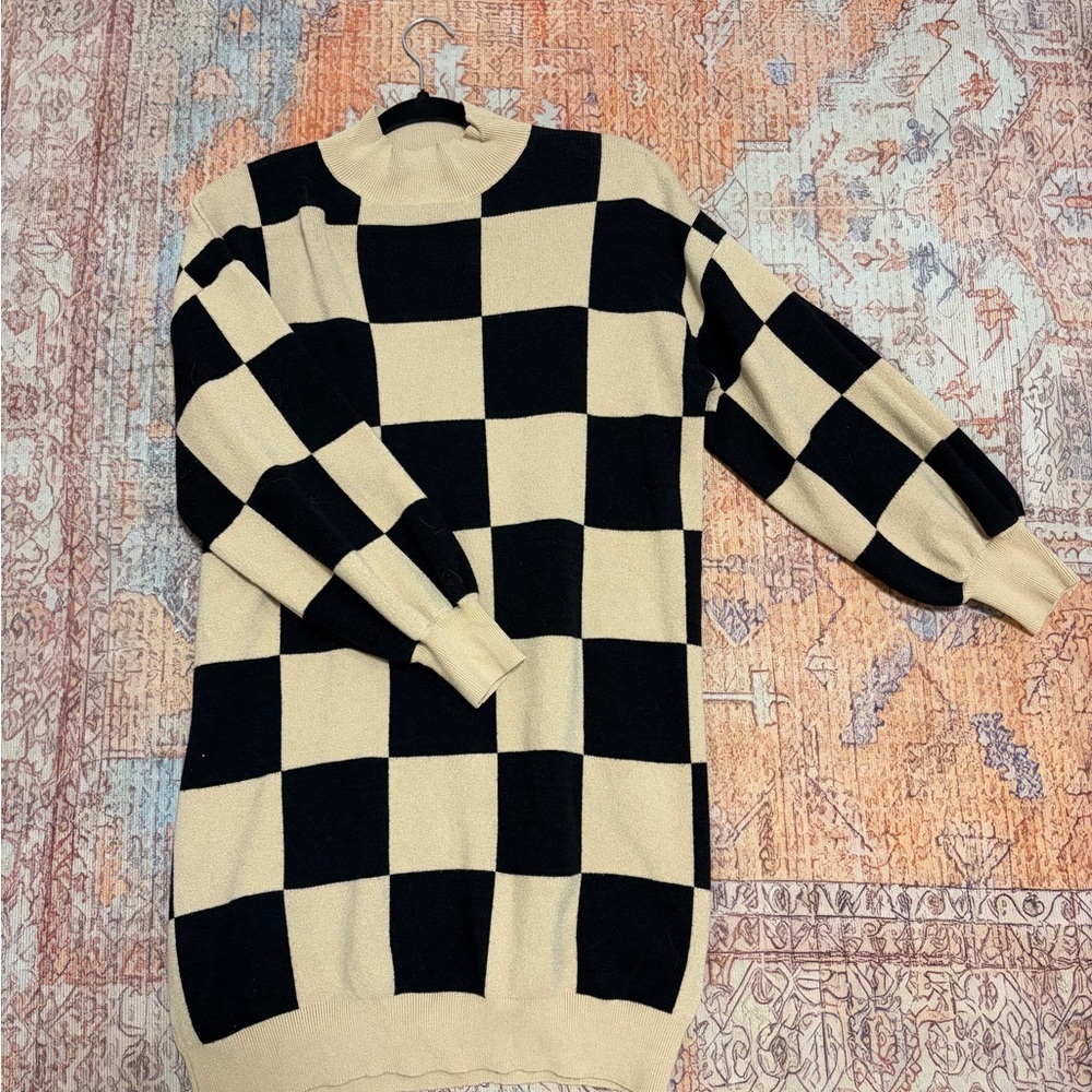 Checkered Black and Cream Sweater Dress